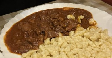 Beef pörkölt in red wine sauce with nokedli at Frici Papa