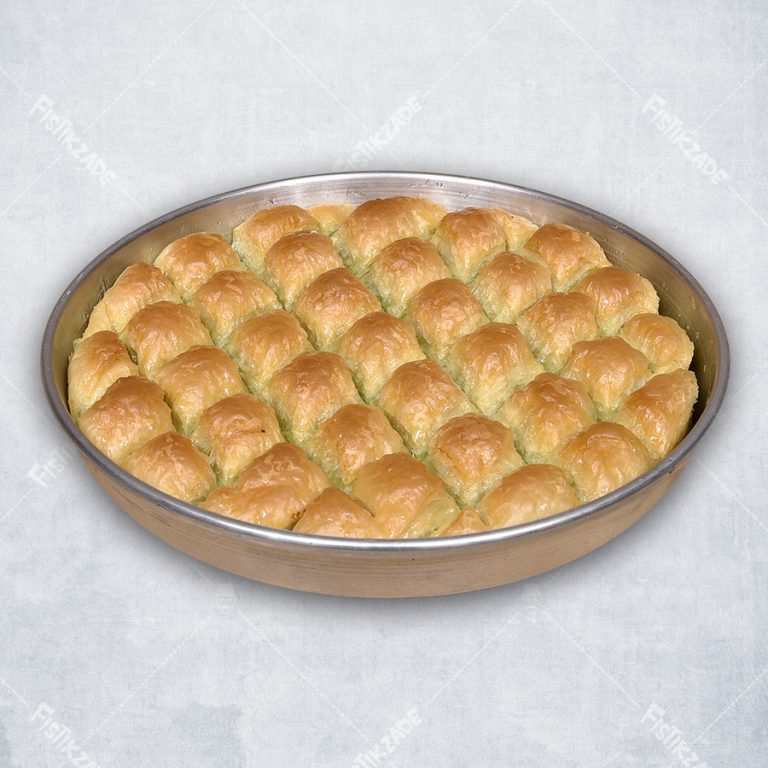 Fıstıkzade pistachio baklava arranged in a round tray