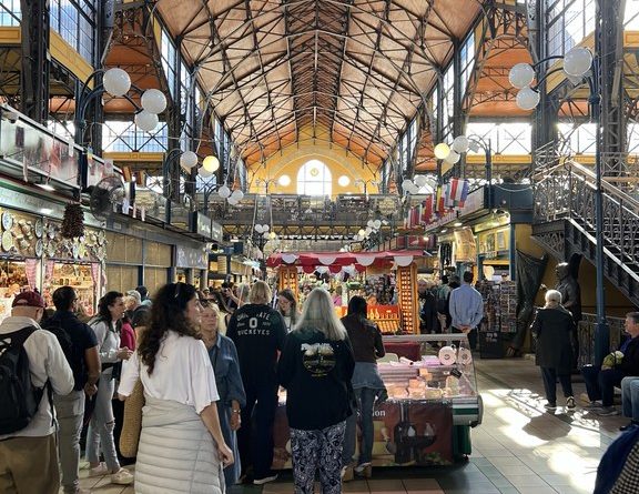 Food stalls beneath the roof of Budapest Central Market Hall