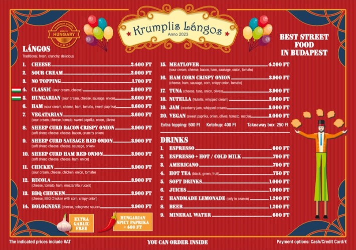Krumplis Lángos menu photographed in September 2026