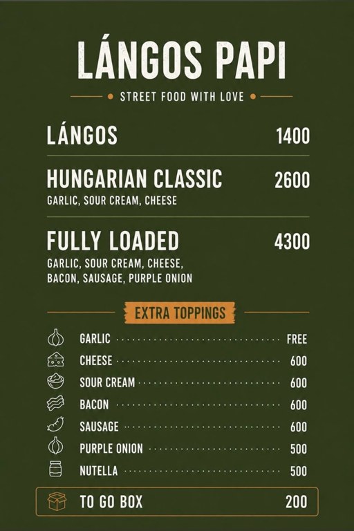 Langos Papi September 2026 menu with Hungarian Classic at 2600 HUF