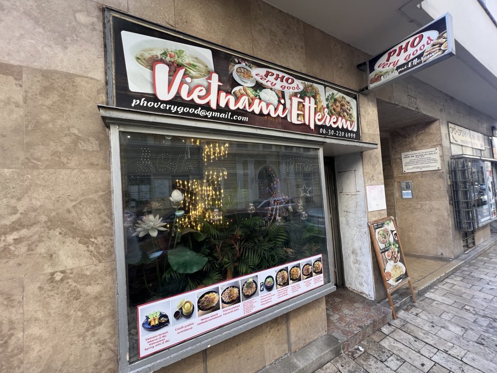 Pho Very Good sign and storefront on Kiralyi Pal utca Budapest