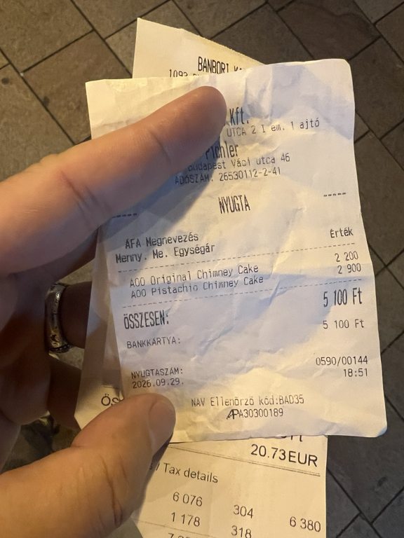 Our September 29, 2026 receipt for two cakes totaling 5,100 HUF