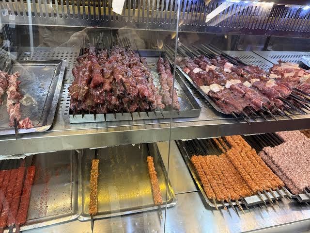 Prepared kebab skewers in the meat display at Kasap Halil Usta