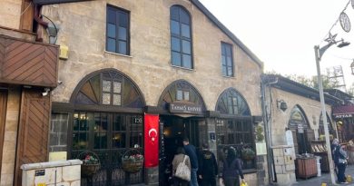 Stone facade and entrance of Tahmis Coffeehouse in Gaziantep